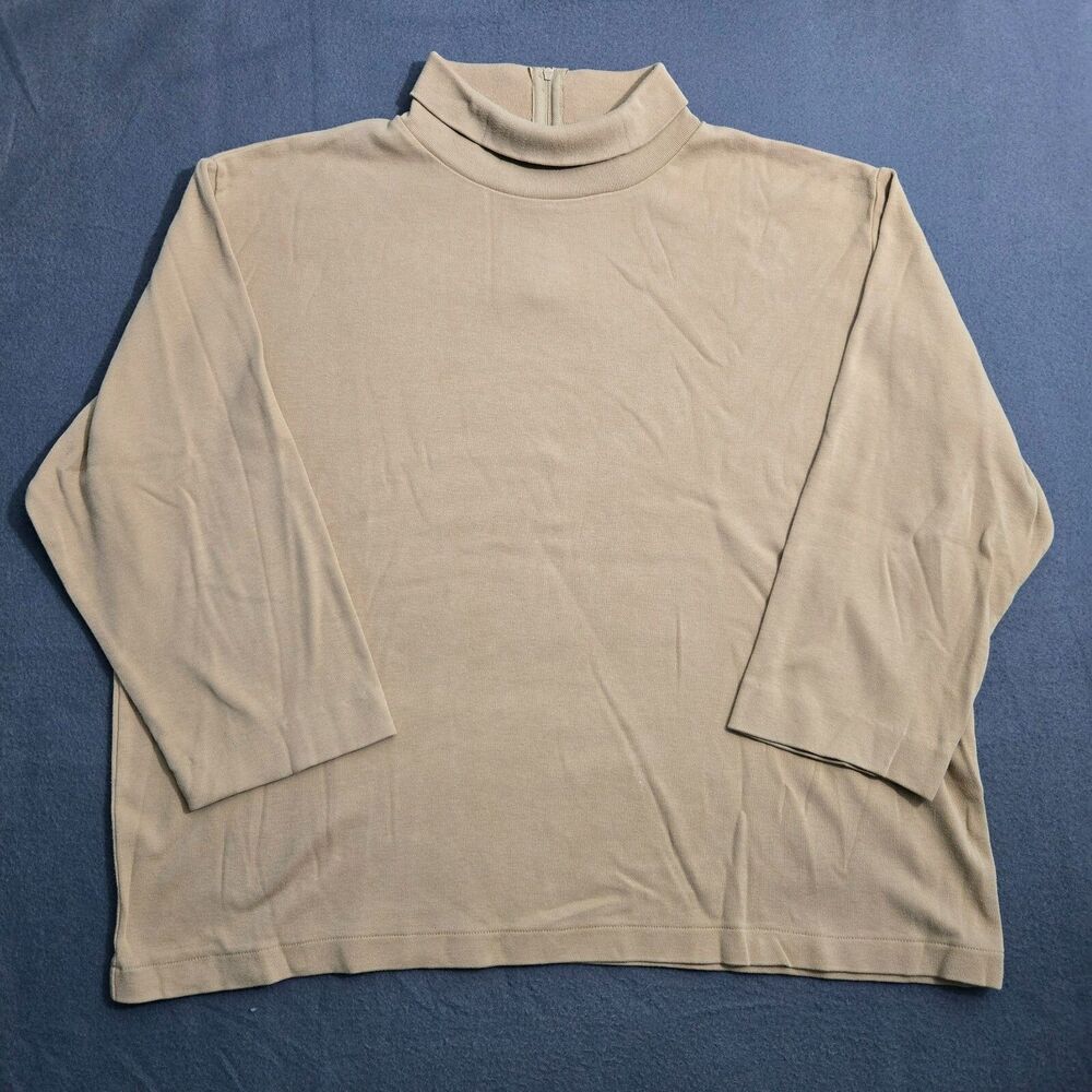 Vintage Orvis Women XL Tan Turtleneck Back Zipper Neck 3/4 Sleeve Top